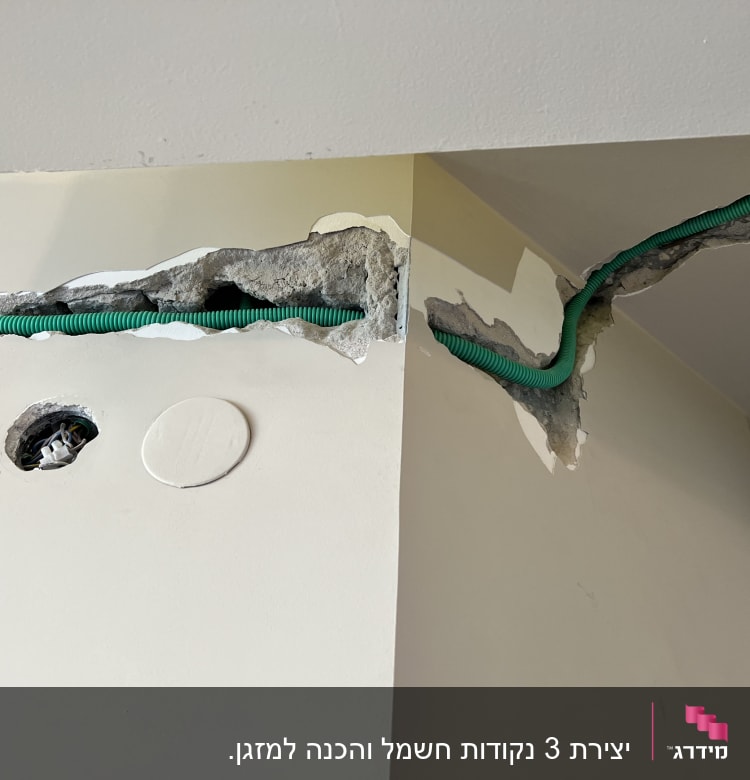 צינור ירוק בקיר עם חוטי חשמל חשופים